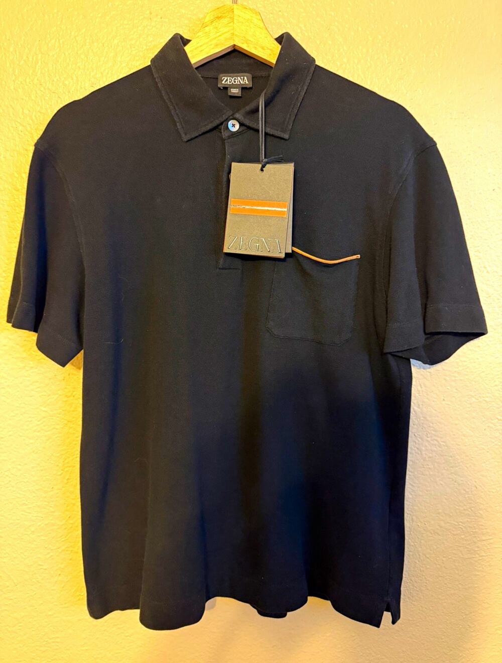 Zegna Black Solid Cotton Short Sleeve Knit Polo Shirt with leather trim
